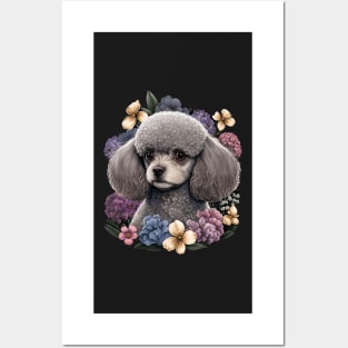 Gray Toy Poodle and Flowers Posters and Art